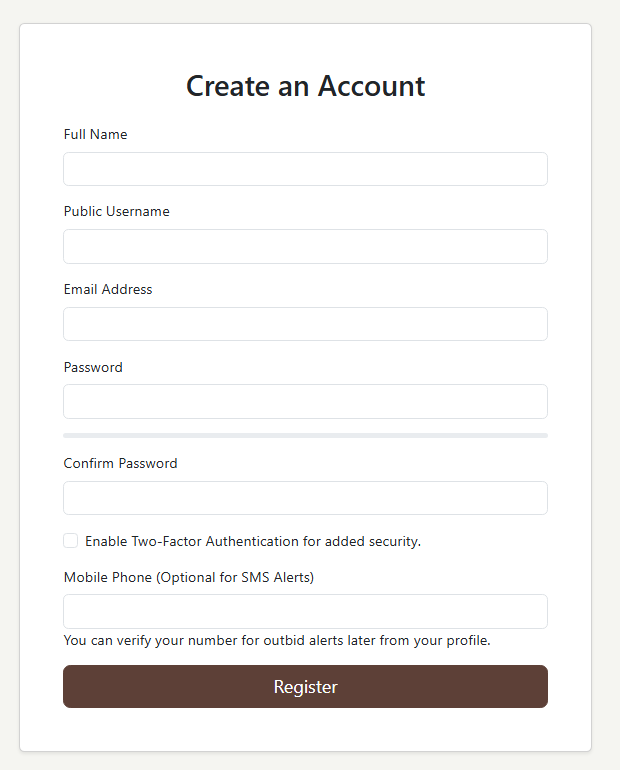 Screenshot of the user registration form